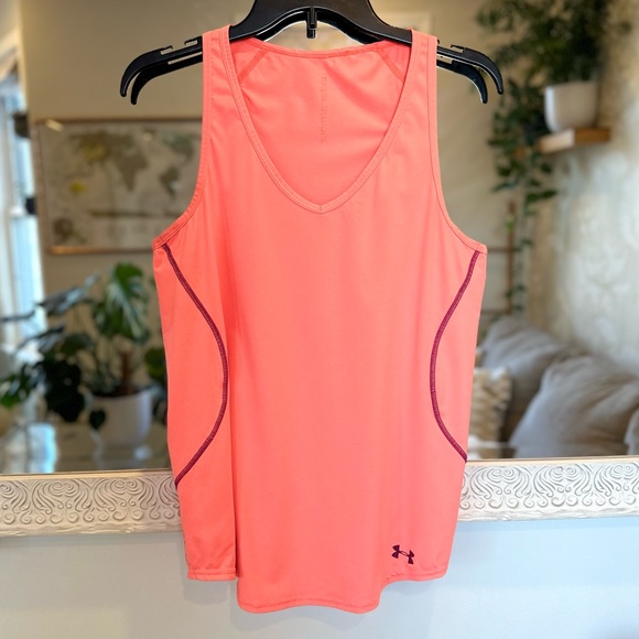 Under Armour Workout Performance Top - Bright Neon Coral Pink/Orange w/ Purple M - Picture 3 of 14